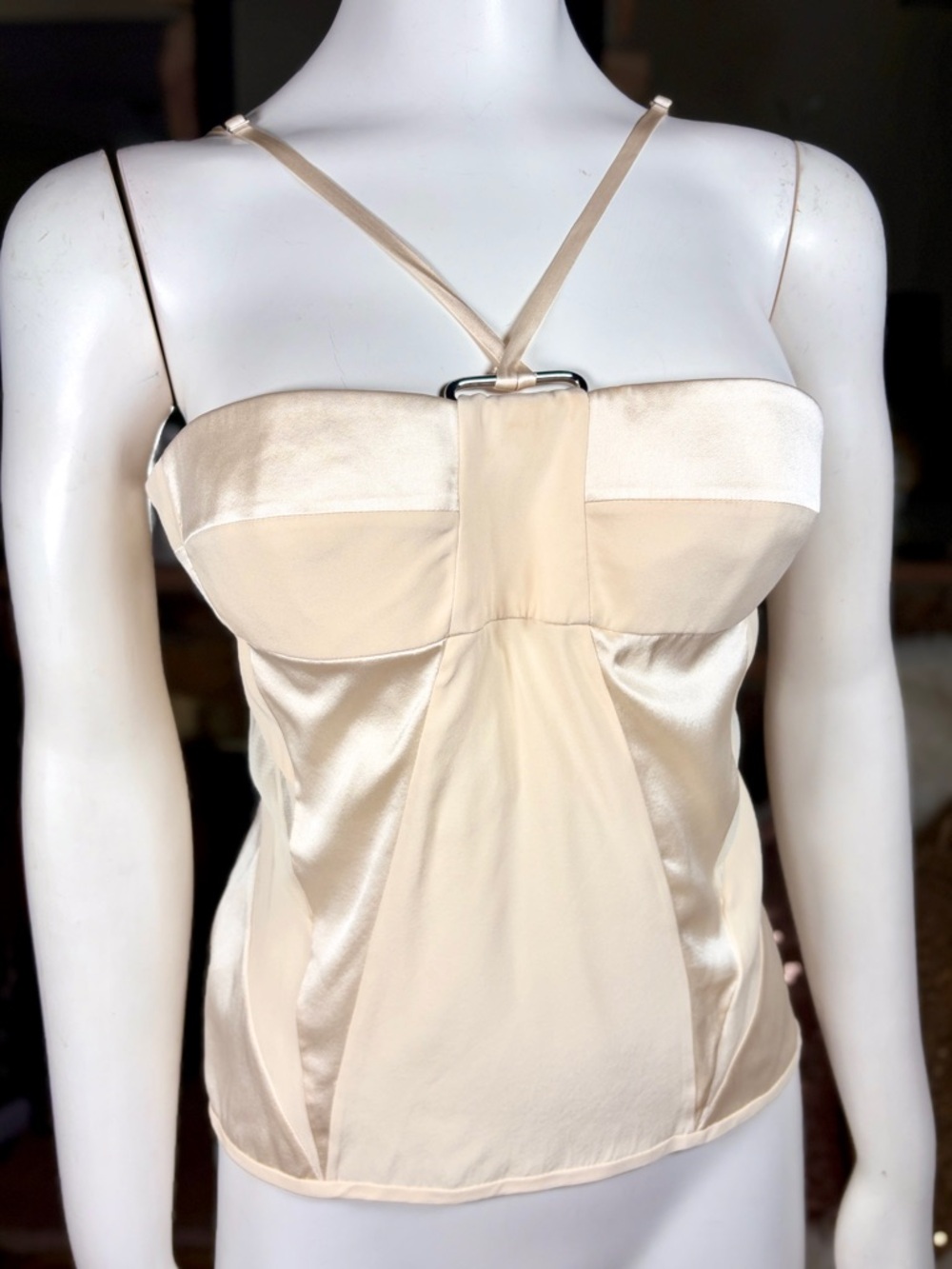 Kaufmanfranco Cream Stretch Silk Bandeau Spaghetti Strap Camisole Top, Sz 8/44